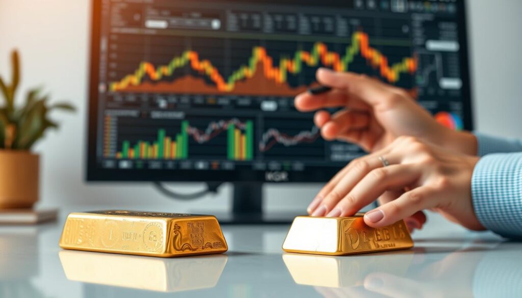 A high-resolution, realistic image depicting a carefully orchestrated investment strategy for gold. In the foreground, a tactile, meticulously detailed gold bar rests on a polished surface, its warm, lustrous hues contrasting with the cool, sleek lines of a modern computer monitor displaying complex financial charts and graphs. In the middle ground, a strategist's hands deftly manipulate data, their intense focus and confident movements conveying a sense of deliberate, informed decision-making. The background is a softly blurred, minimalist office space, with clean lines and muted tones that create a sense of serene professionalism, the perfect setting for the execution of a sophisticated "estratégia KGR" for gold investment.