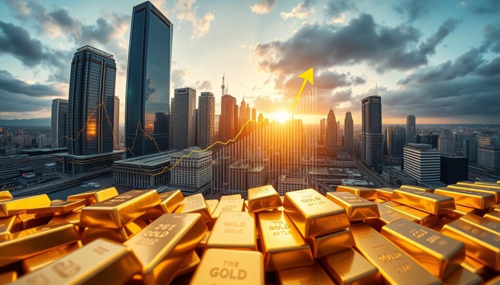 A panoramic view of a thriving global gold market in 2025, captured with a wide-angle lens. The foreground showcases gleaming gold bars and coins, reflecting the warm glow of natural lighting. In the middle ground, dynamic charts and graphs illustrate the market's upward trajectory, with arrows and data visualizations conveying a sense of growth and optimism. The background depicts a bustling financial district, with towering skyscrapers and a vibrant cityscape, representing the economic landscape that shapes the gold industry. The overall scene exudes a sense of prosperity, stability, and the promising future of the gold market.