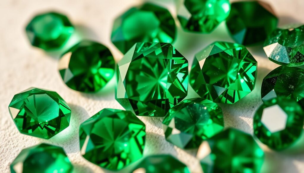 An exquisite close-up of a collection of Colombian and Brazilian emeralds, showcasing their mesmerizing hues and intricate facets. The gems are arranged artfully against a soft, diffused backdrop, allowing their vivid greens and subtle inclusions to take center stage. Captured with a high-resolution lens, the image reveals the nuanced textures and depth of these precious stones, inviting the viewer to appreciate the unique characteristics that distinguish the Colombian and Brazilian varieties. Warm, directional lighting casts gentle shadows, accentuating the clarity and brilliance of the emeralds. The overall composition is balanced and visually engaging, perfectly suited to illustrate the section on the distinctive features and quality of these coveted gemstones.