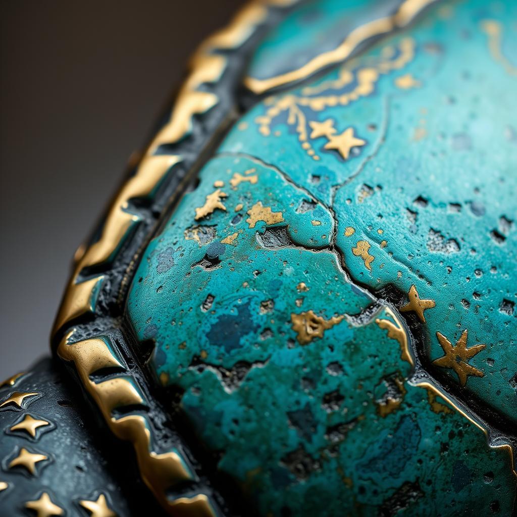 Detalhe da pátina verdigris na Pulseira clássica de tartaruga marinha Elaine Coyne Detalhe da pátina verdigris na Pulseira clássica de tartaruga marinha Elaine Coyne