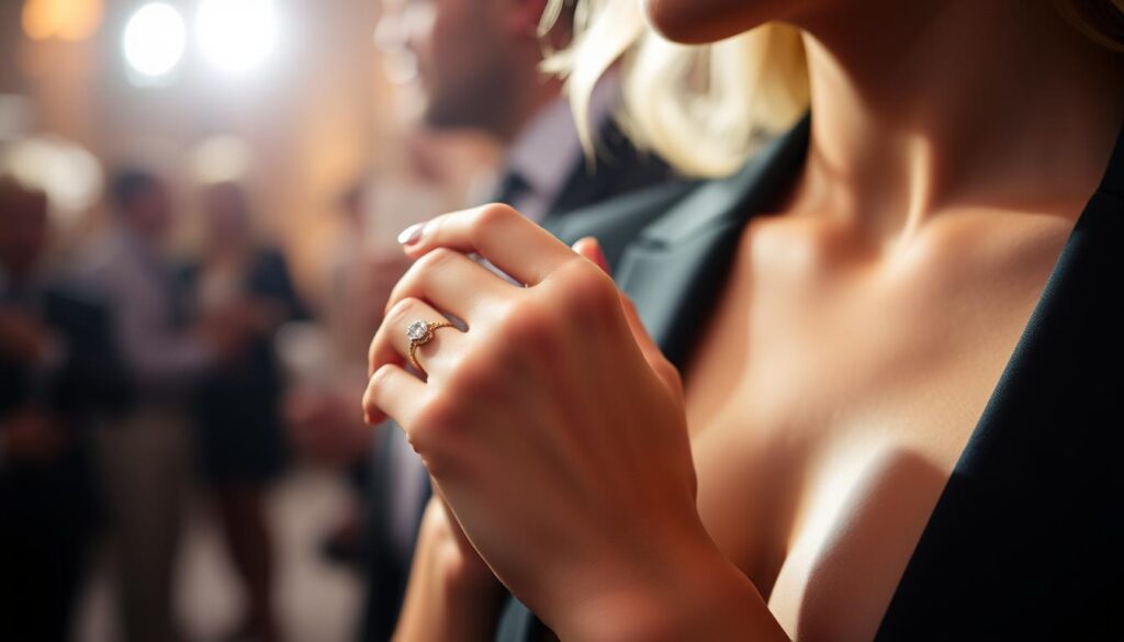 Mulher usando o Anel Solitário torcido em uma ocasião formal, destacando sua elegância Mulher usando o Anel Solitário torcido em uma ocasião formal, destacando sua elegância